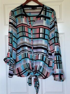 Rafaella Multicolor Geometric Tie-Front Blouse - Pink, Blue & Teal